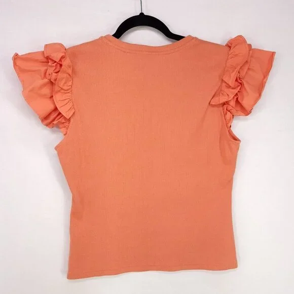 Anthropologie Ribbed Top Size Medium Ruffle Short Cap Sleeve Round Neck Blouse - Picture 3 of 12